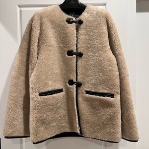 Mango Women's Cream Shearling Teddy Jacket with Black Toggles